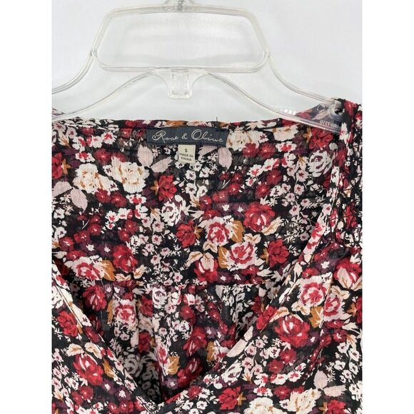 Rose & Olive Women's Red Black Floral V-Neck 3/4 Sleeve Layered Top Size S - Picture 4 of 10
